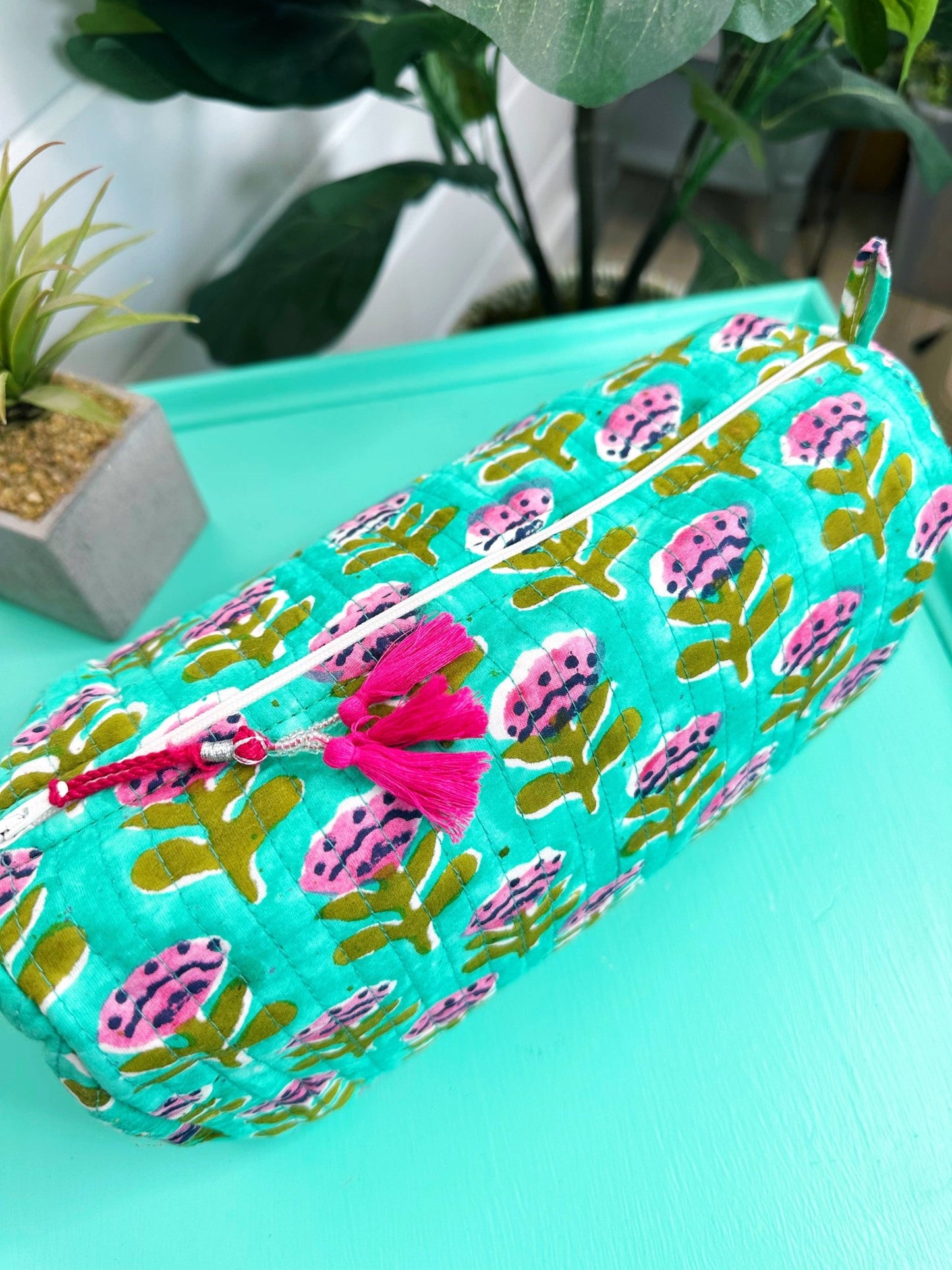 Quilted Makeup Bags | Cosmetic Toiletry Bag | Aqua Floral - Bria Blair Creative