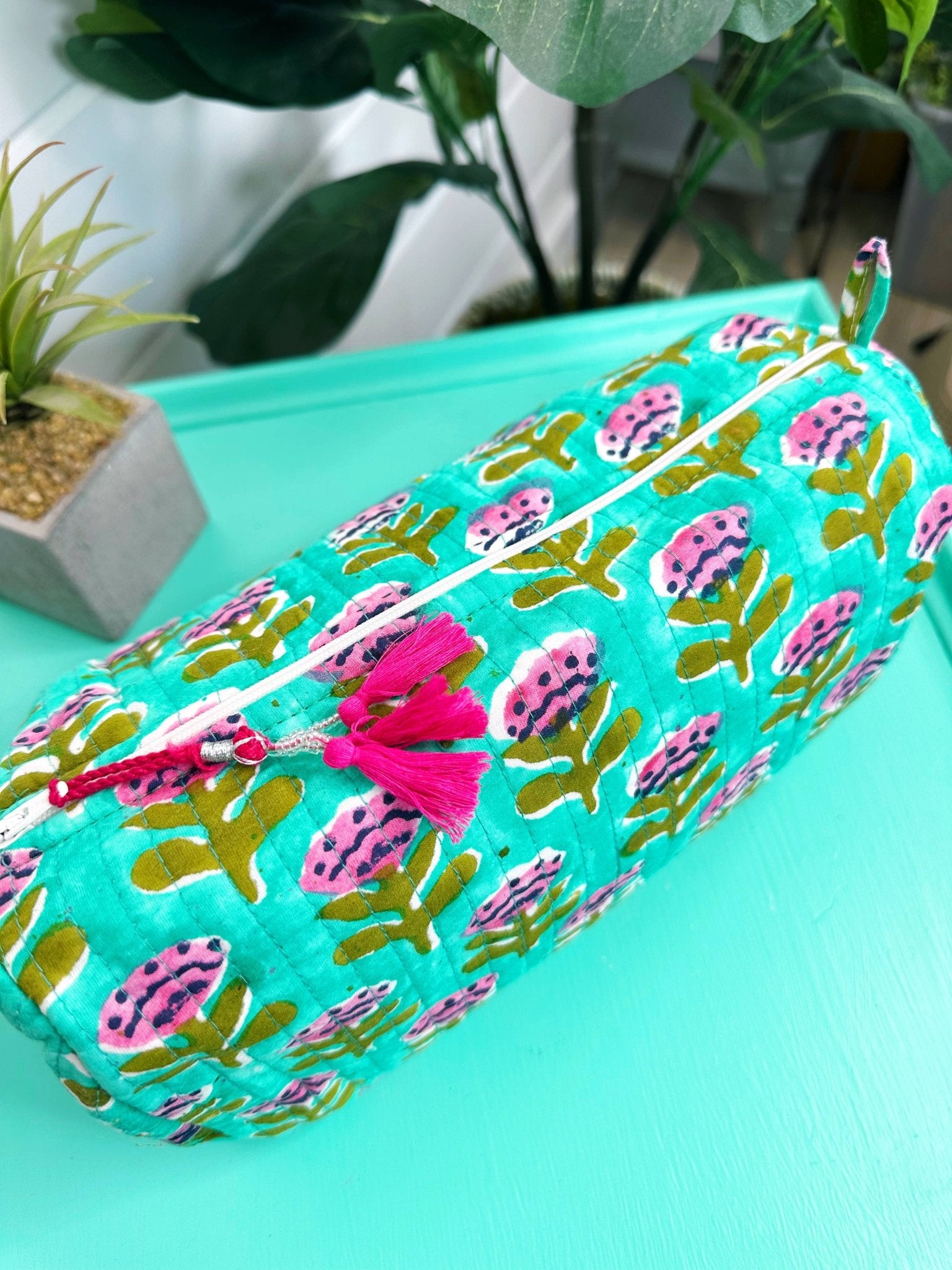 Quilted Makeup Bags | Cosmetic Toiletry Bag | Aqua Floral - Bria Blair Creative