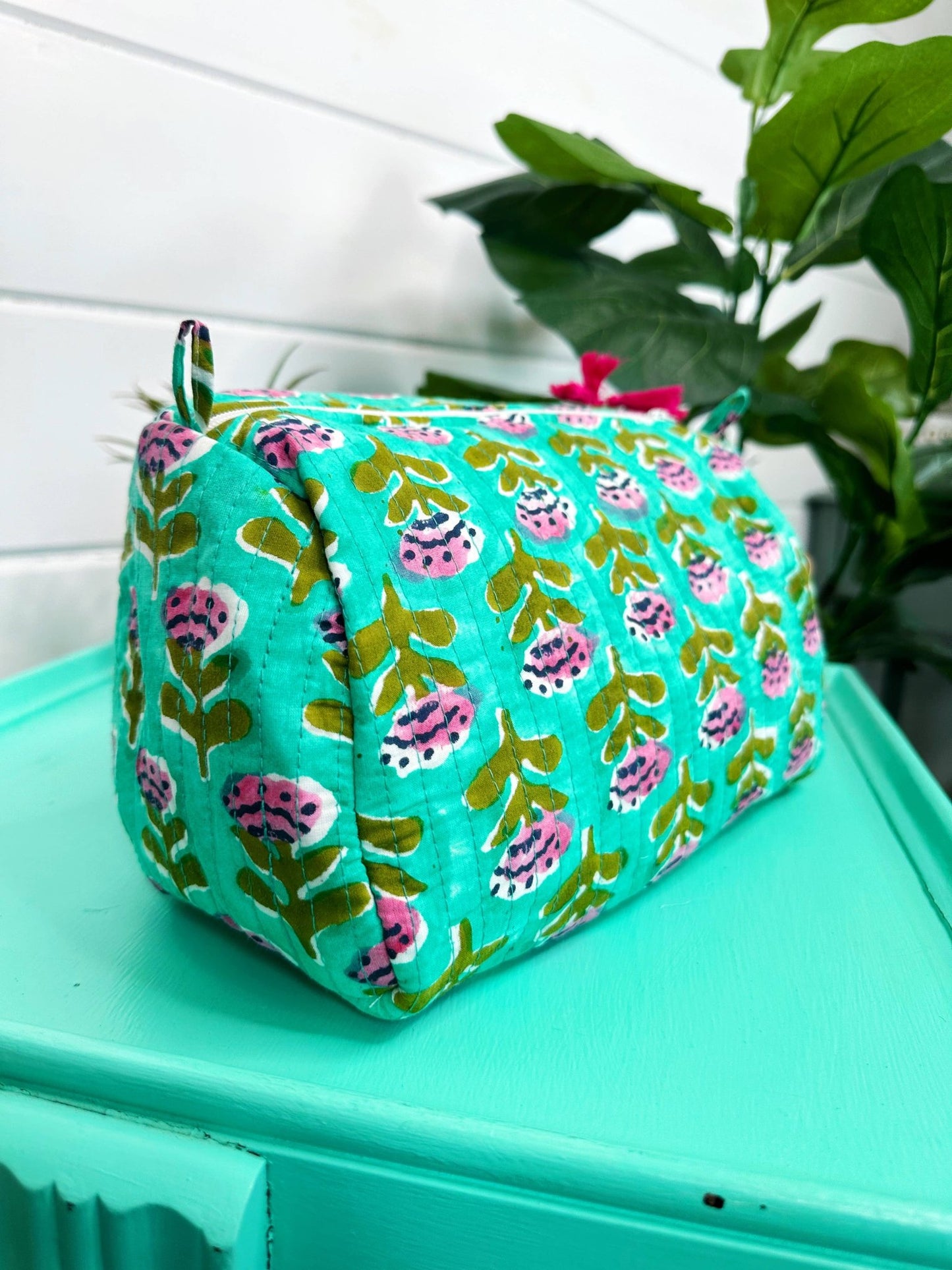 Quilted Makeup Bags | Cosmetic Toiletry Bag | Aqua Floral - Bria Blair Creative