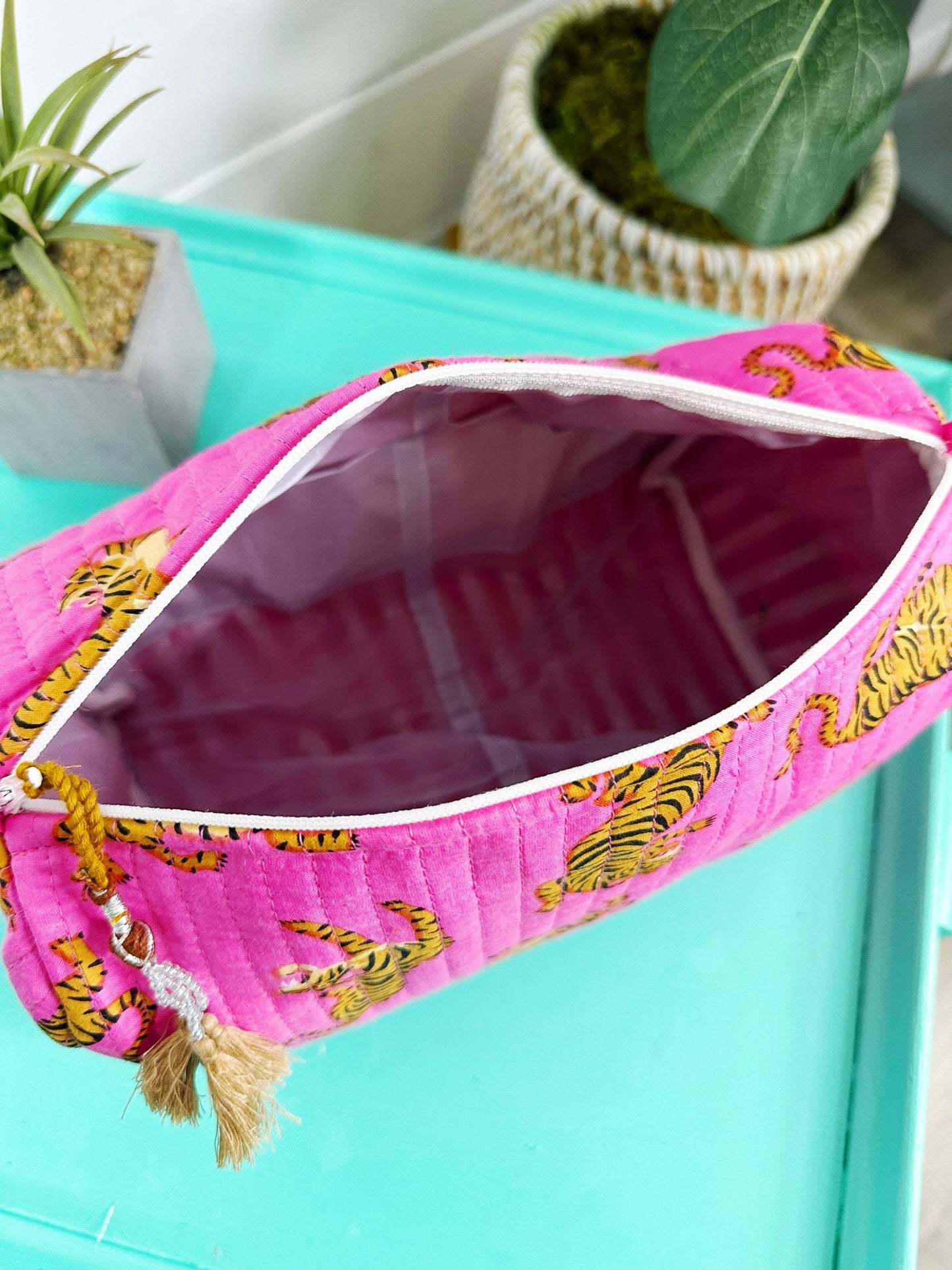 Quilted Pink Tiger Print Makeup Bag | Cosmetics Toiletry Bag - Bria Blair Creative