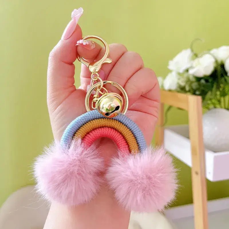 Rainbow Keychain with Fuzzy Balls: Pink - Bria Blair Creative