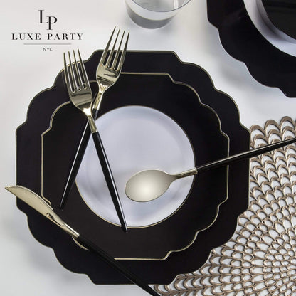 Scalloped Black • Gold Plastic Plates | 10 Pack: 10 Plastic Plates / 10.7" Dinner Plates - Bria Blair Creative