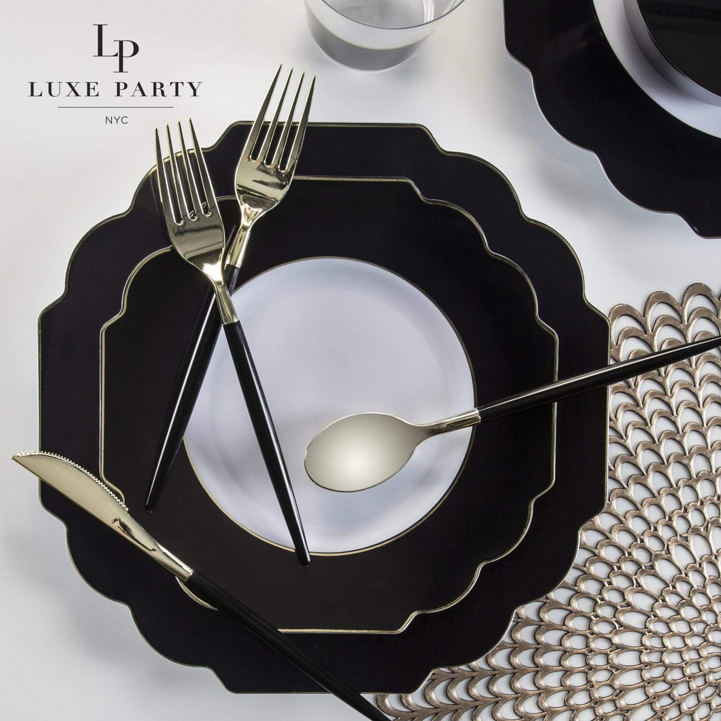 Scalloped Black • Gold Plastic Plates | 10 Pack: 10 Plastic Plates / 8" Appetizer Plates - Bria Blair Creative