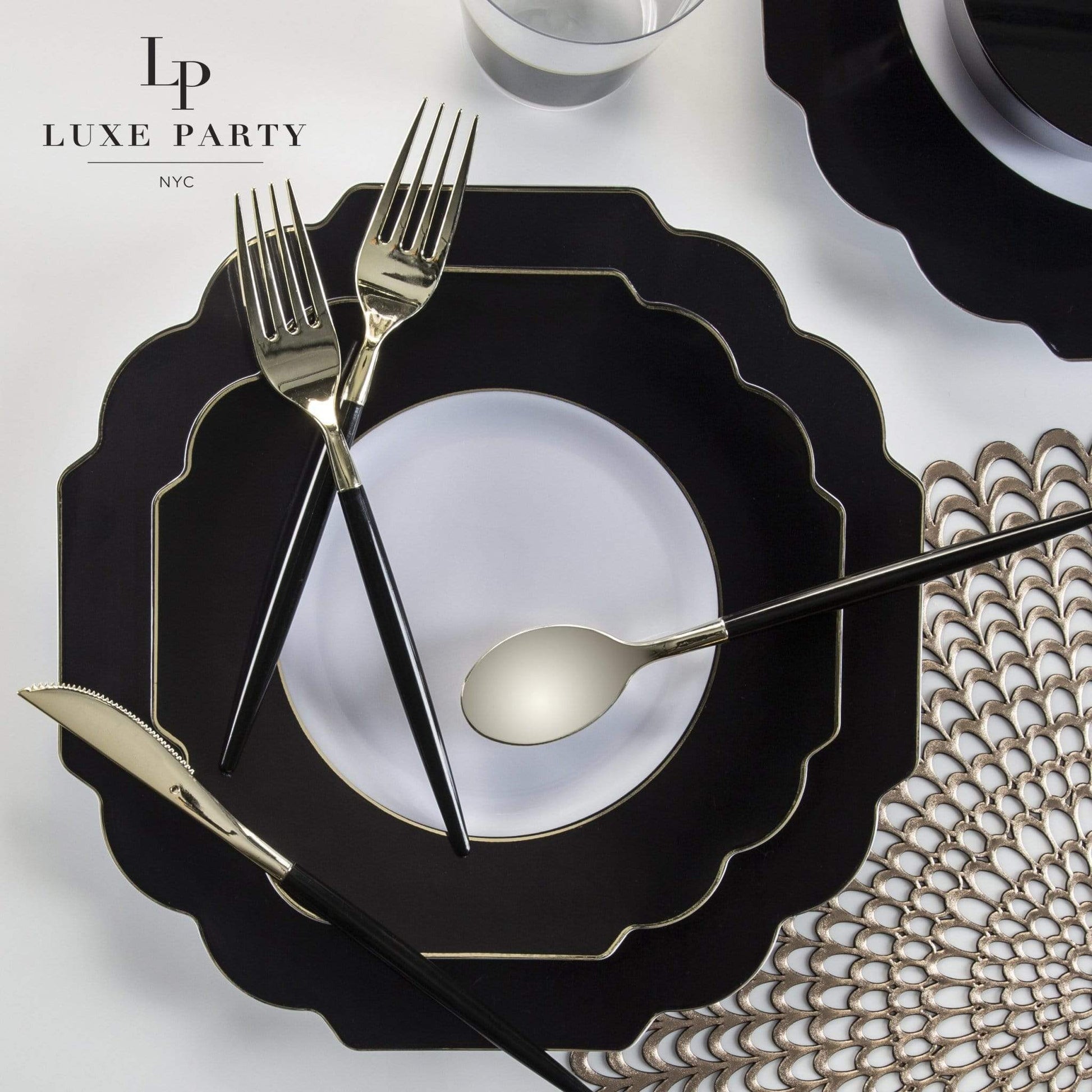 Scalloped Black • Gold Plastic Plates | 10 Pack: 10 Plastic Plates / 8" Appetizer Plates - Bria Blair Creative