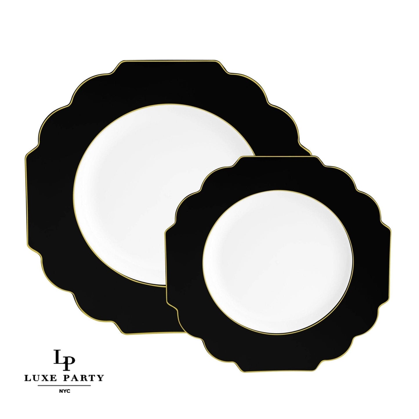 Scalloped Black • Gold Plastic Plates | 10 Pack: 10 Plastic Plates / 8" Appetizer Plates - Bria Blair Creative