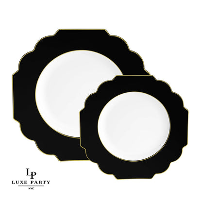 Scalloped Black • Gold Plastic Plates | 10 Pack: 10 Plastic Plates / 8" Appetizer Plates - Bria Blair Creative