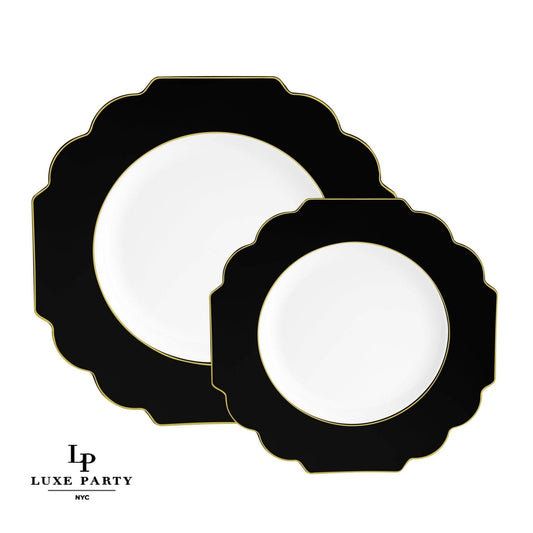 Scalloped Black • Gold Plastic Plates | 10 Pack: 10 Plastic Plates / 8" Appetizer Plates - Bria Blair Creative