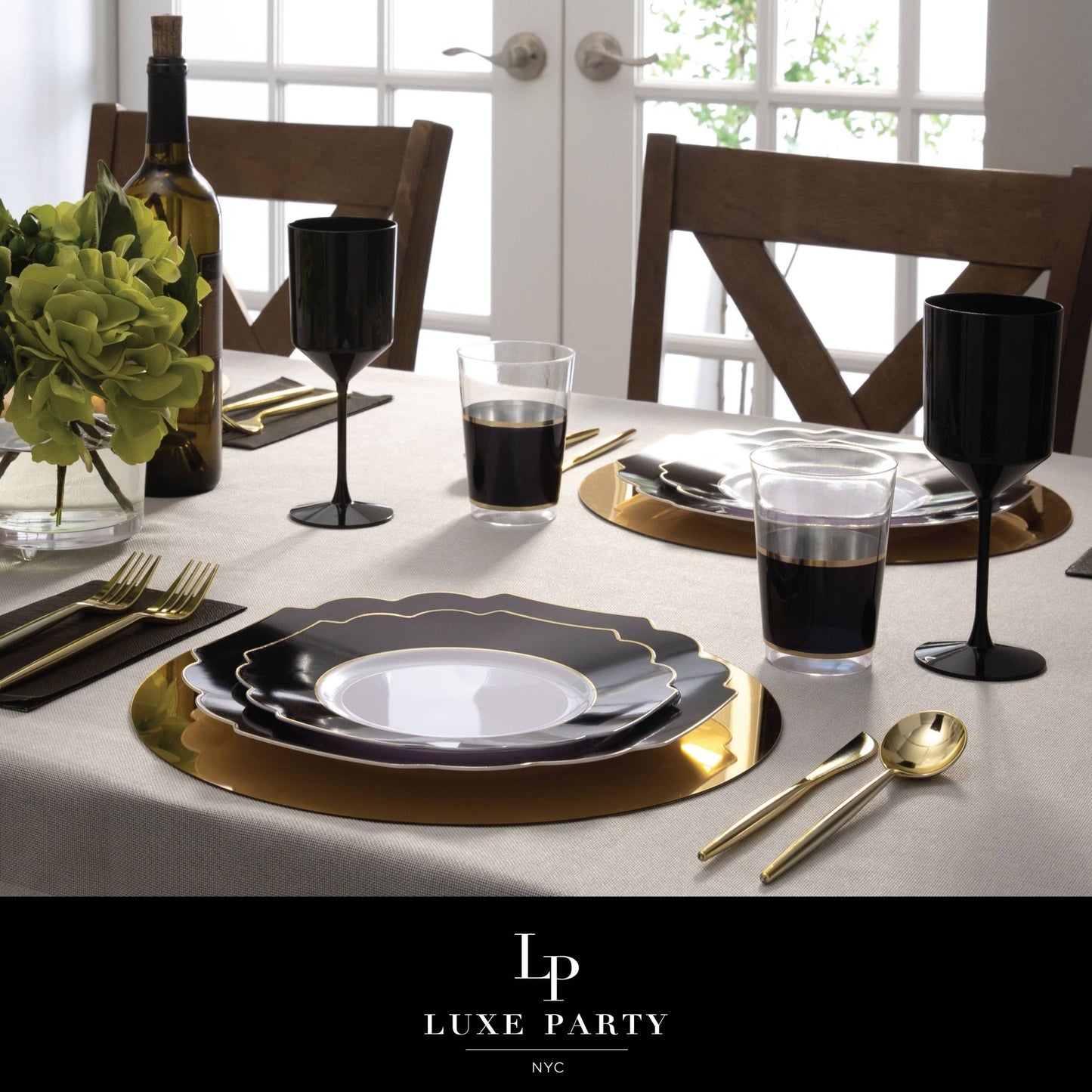 Scalloped Black • Gold Plastic Plates | 10 Pack: 10 Plastic Plates / 8" Appetizer Plates - Bria Blair Creative