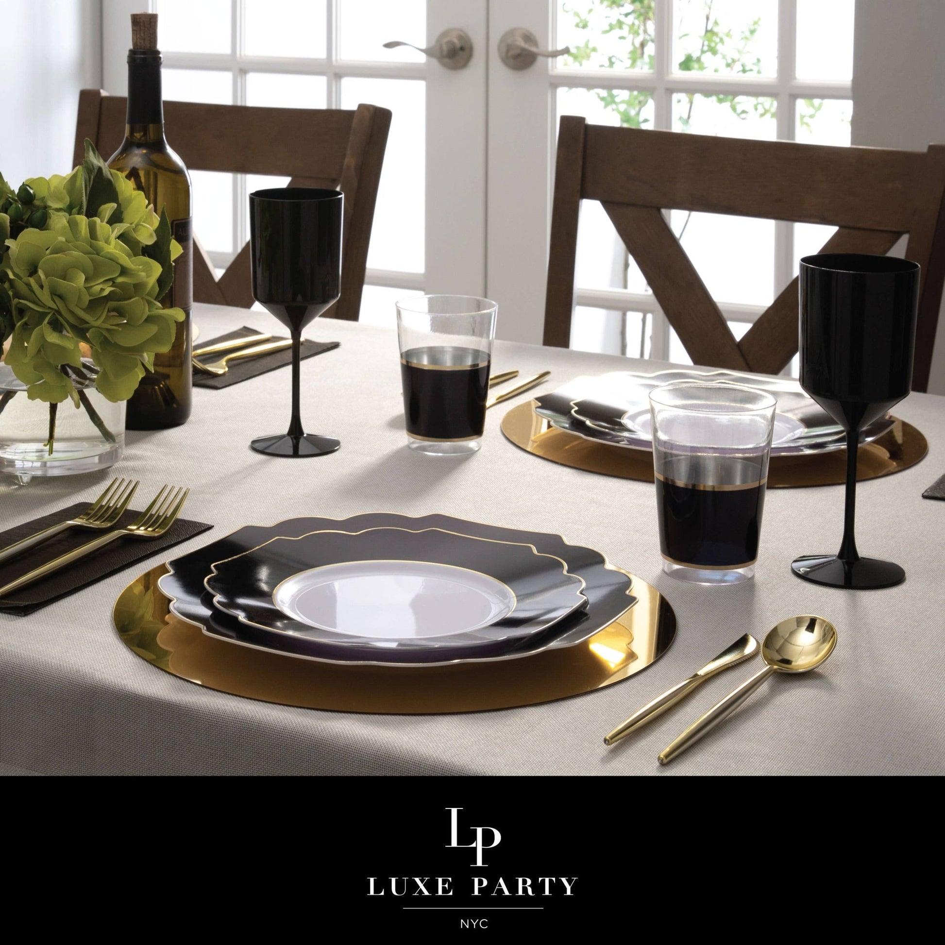 Scalloped Black • Gold Plastic Plates | 10 Pack: 10 Plastic Plates / 8" Appetizer Plates - Bria Blair Creative