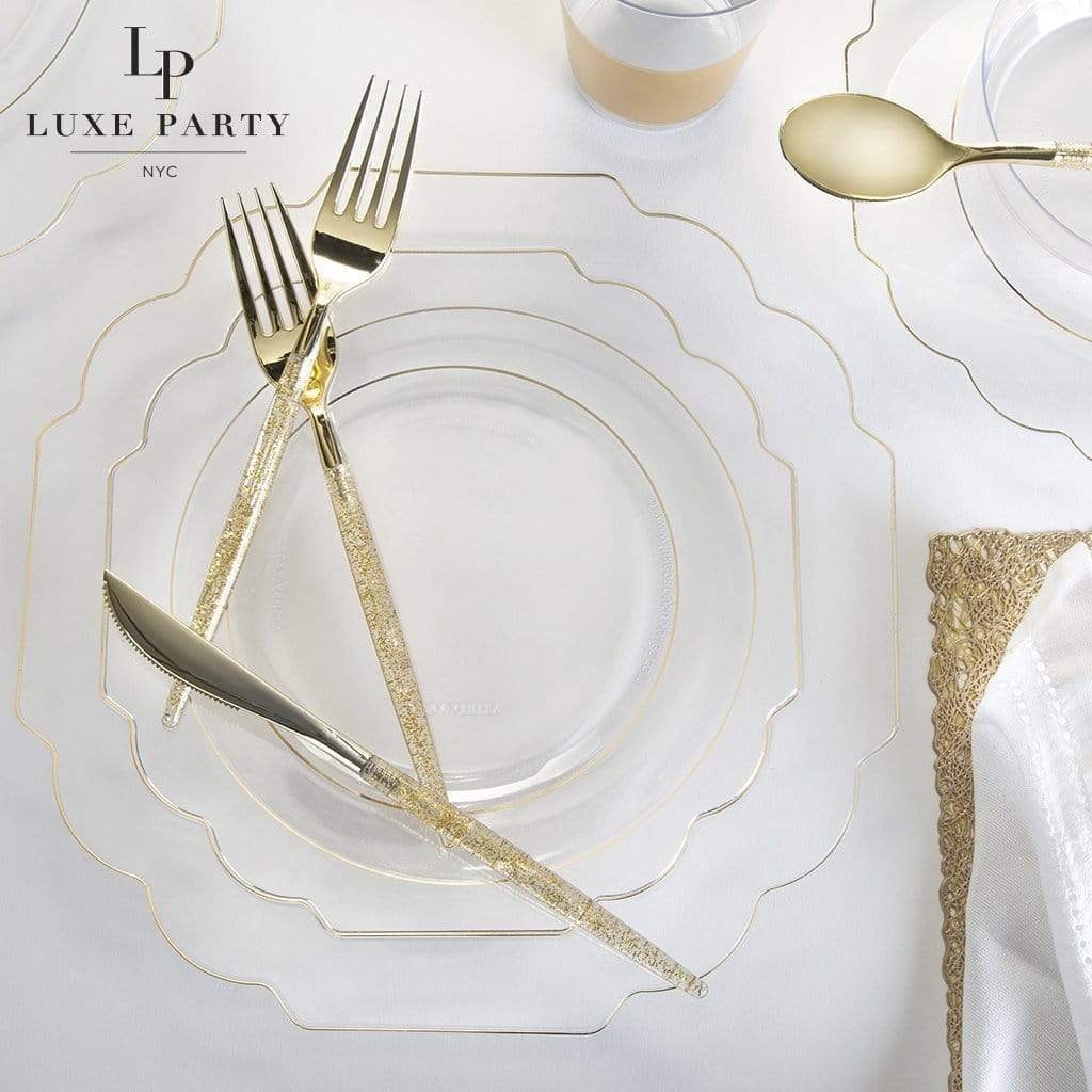Scalloped Clear • Gold Plastic Plates | 10 Pack: 10 Plastic Plates / 8" Appetizer Plates - Bria Blair Creative