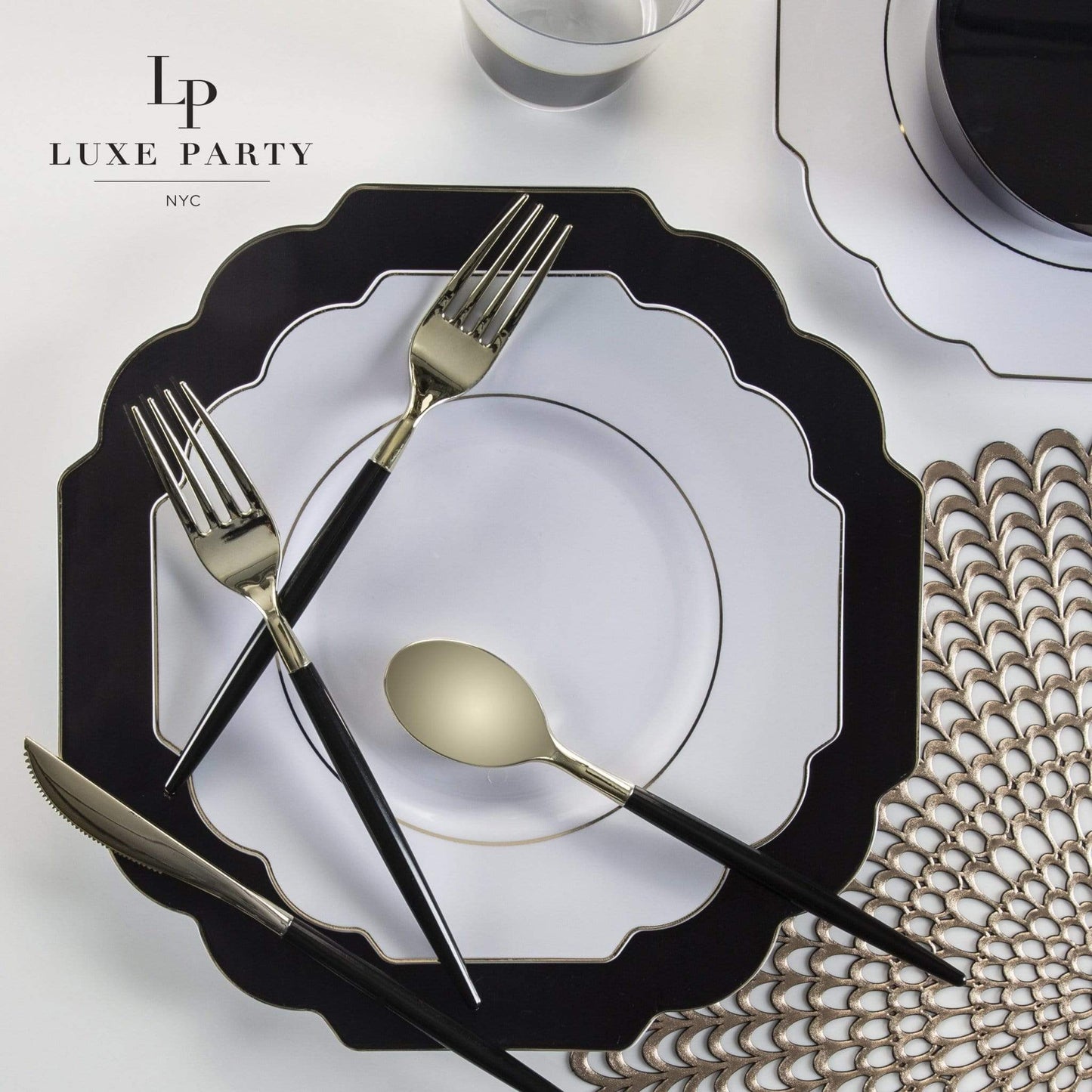 Scalloped White • Gold Plastic Plates | 10 Pack: 10 Plastic Plates / 10.7" Dinner Plates - Bria Blair Creative