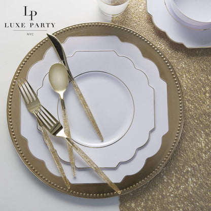 Scalloped White • Gold Plastic Plates | 10 Pack: 10 Plastic Plates / 10.7" Dinner Plates - Bria Blair Creative