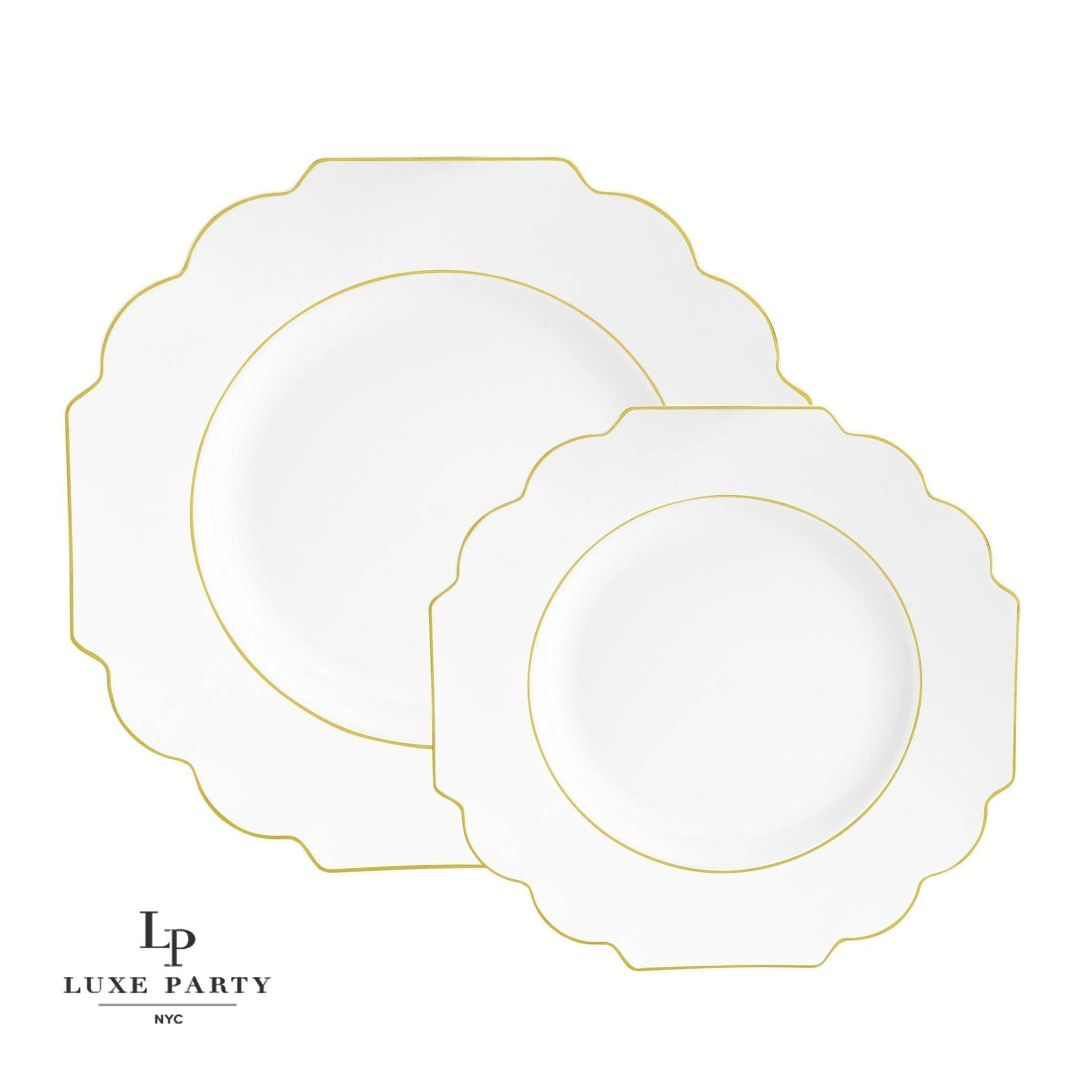 Scalloped White • Gold Plastic Plates | 10 Pack: 10 Plastic Plates / 10.7" Dinner Plates - Bria Blair Creative
