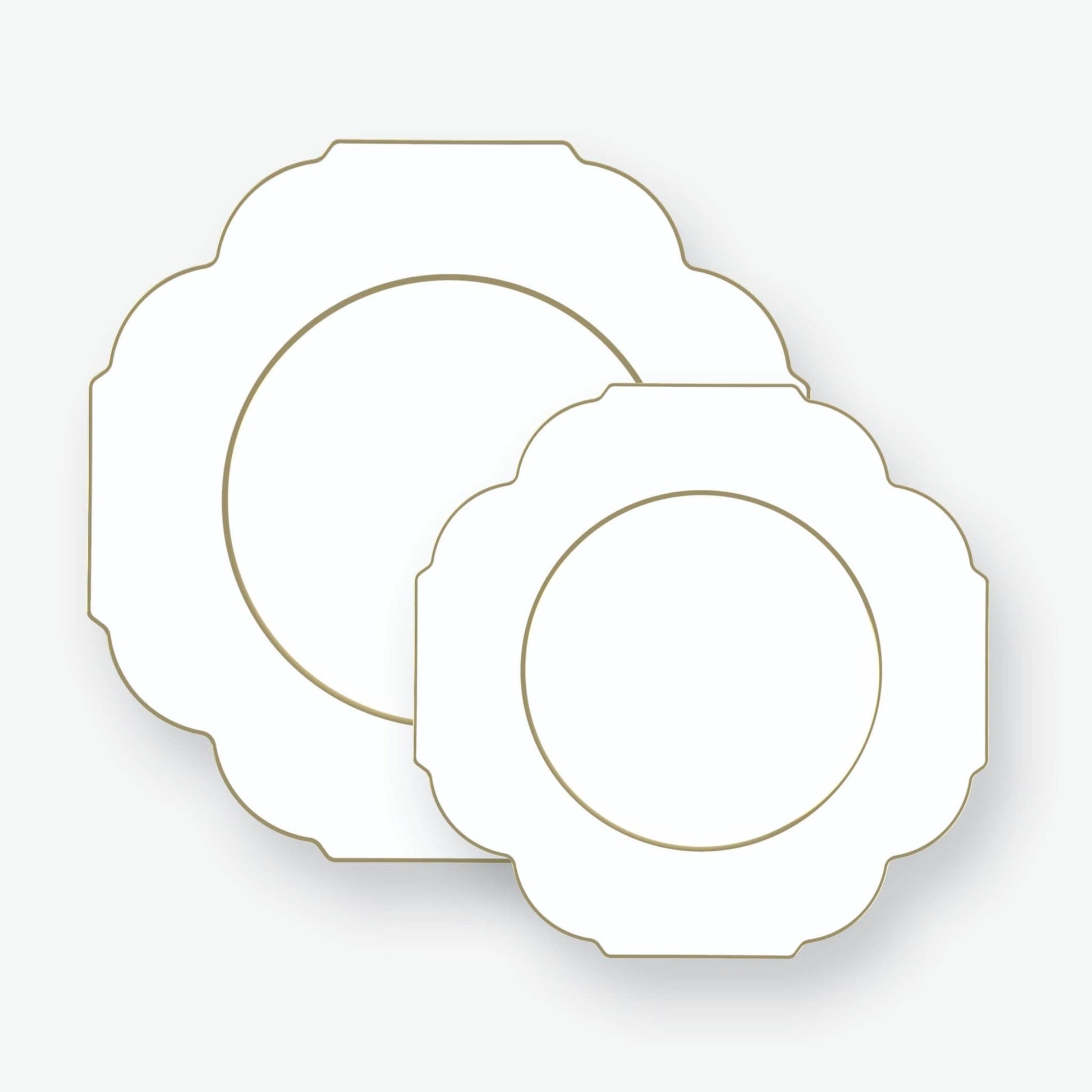 Scalloped White • Gold Plastic Plates | 10 Pack: 10 Plastic Plates / 10.7" Dinner Plates - Bria Blair Creative
