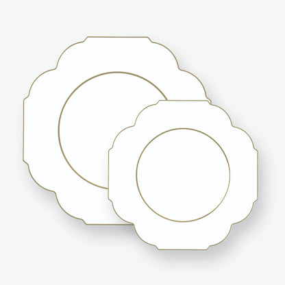 Scalloped White • Gold Plastic Plates | 10 Pack: 10 Plastic Plates / 10.7" Dinner Plates - Bria Blair Creative