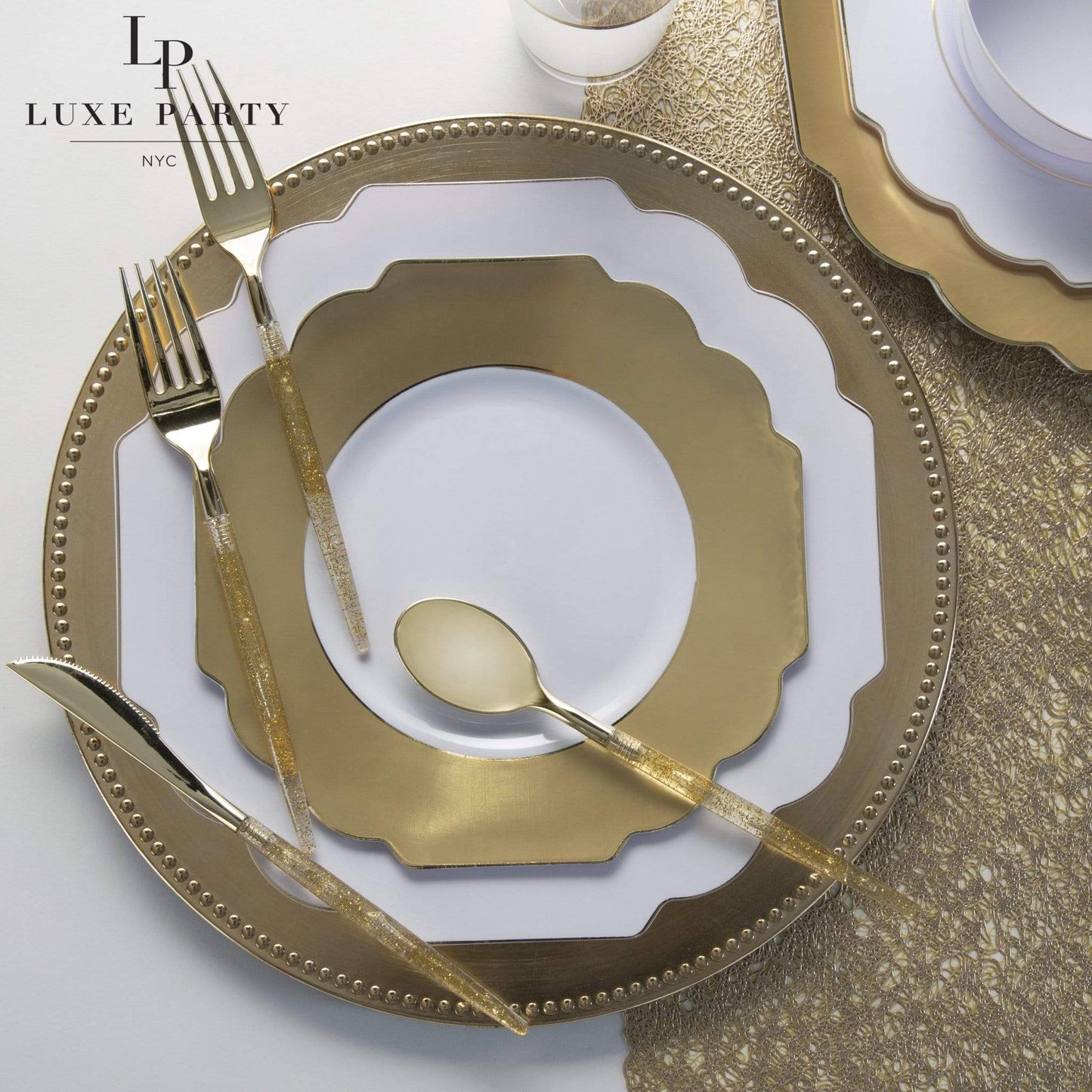 Scalloped White • Gold Plastic Plates | 10 Pack: 10 Plastic Plates / 10.7" Dinner Plates - Bria Blair Creative