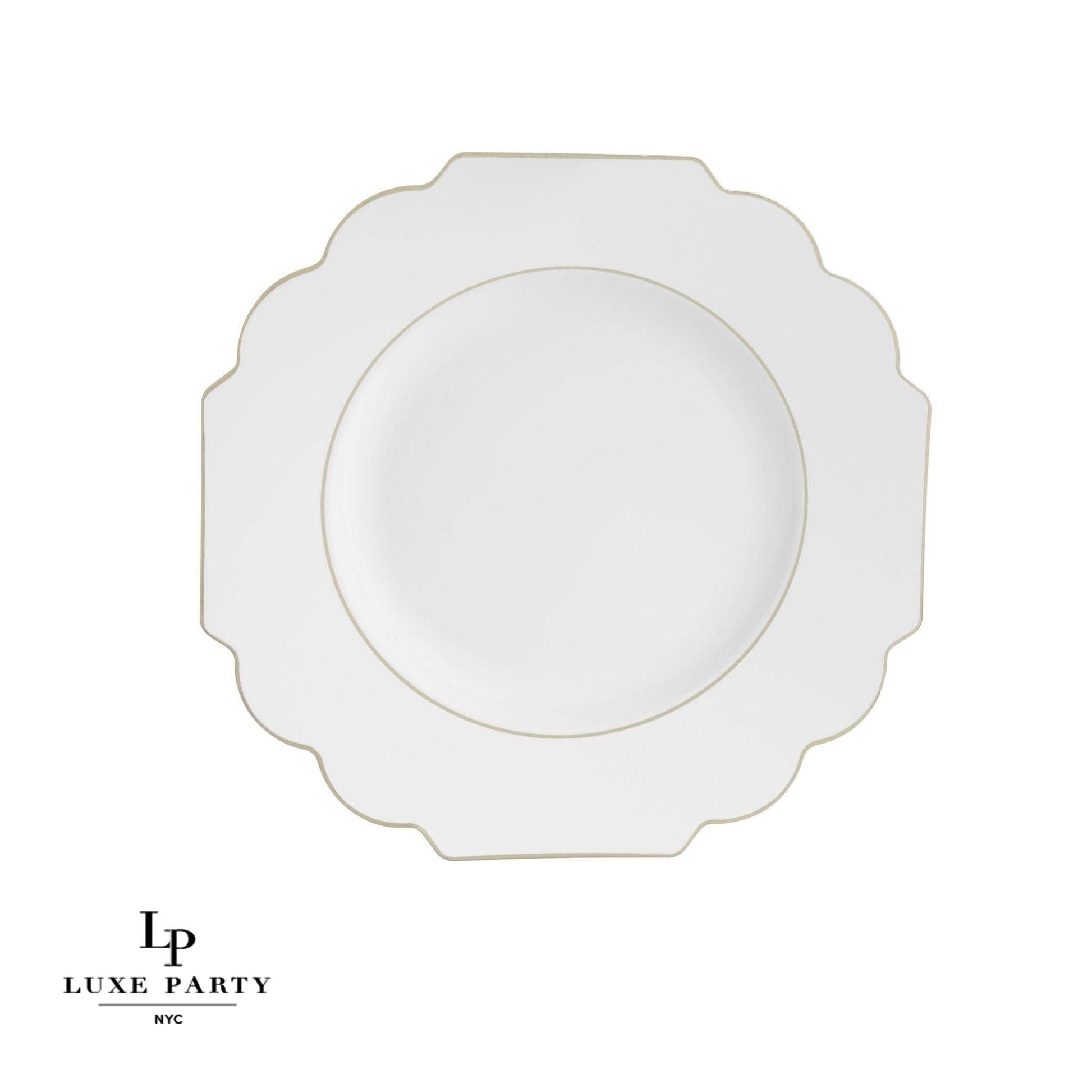 Scalloped White • Gold Plastic Plates | 10 Pack: 10 Plastic Plates / 10.7" Dinner Plates - Bria Blair Creative