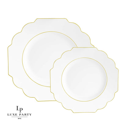 Scalloped White • Gold Plastic Plates | 10 Pack: 10 Plastic Plates / 8" Appetizer Plates - Bria Blair Creative