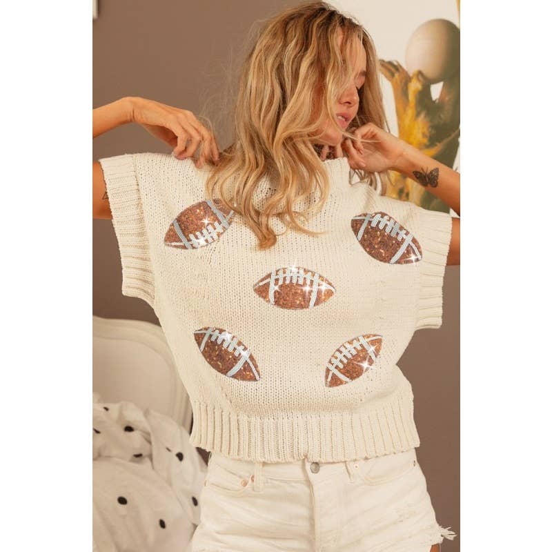Sequin Football Patches Rib Banded Sweater: IVORY / S - M - L - XL(2 - 2 - 2 - 2) - Bria Blair Creative