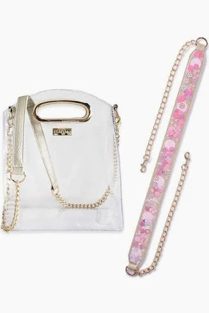 Pink Confetti Strap with Crossbody Stadium Bag - Gold Trim