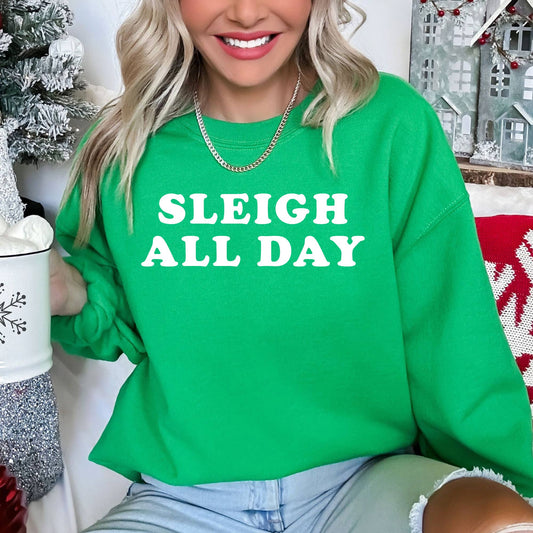 Sleigh All Day Funny Holiday Crewneck Sweatshirt - GREEN: X - Large - Bria Blair Creative