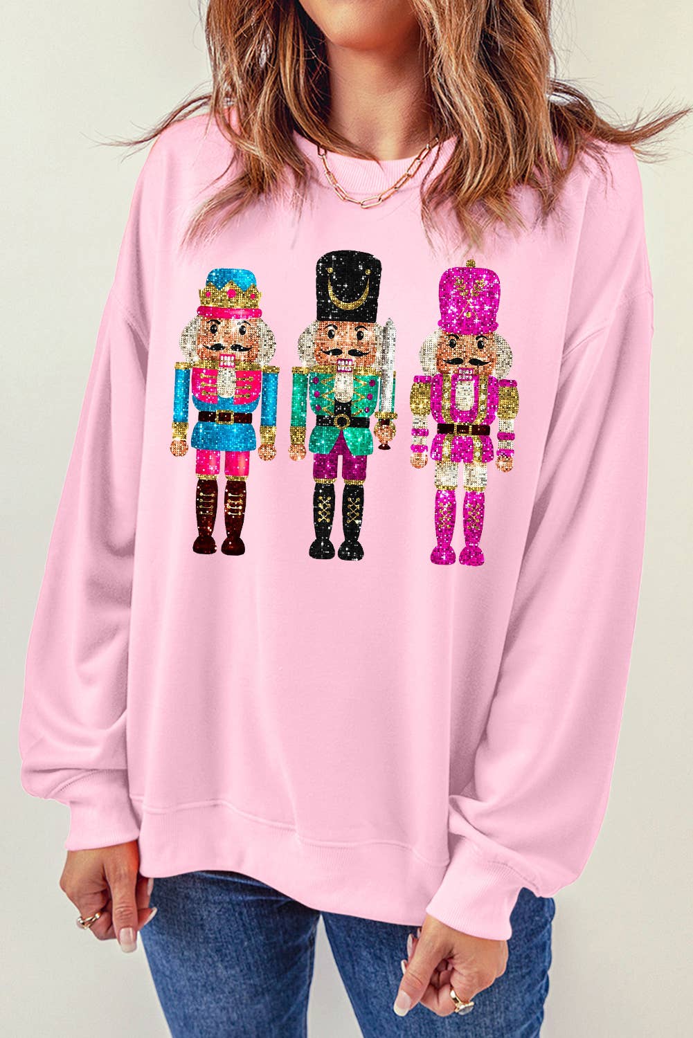 Small Nutcracker Printed Drop Shoulder Christmas Sweatshirt: Pink - Bria Blair Creative