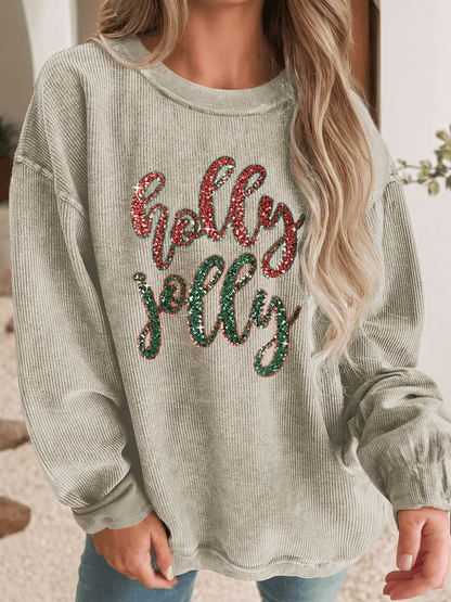Small Sequined holly jolly Graphic Corded Sweatshirt: Green / S - Bria Blair Creative
