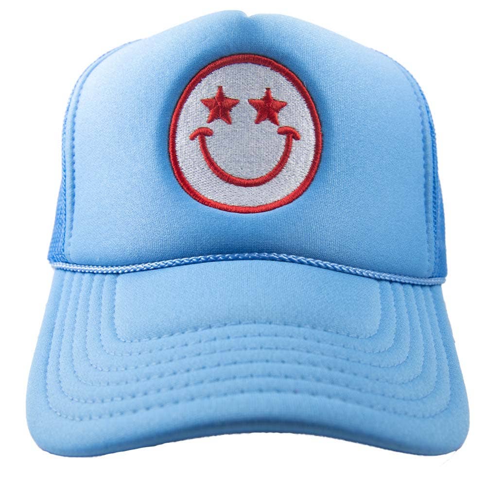 Star Eyed Happy Face Foam Trucker Hat: Colbalt Blue - Bria Blair Creative
