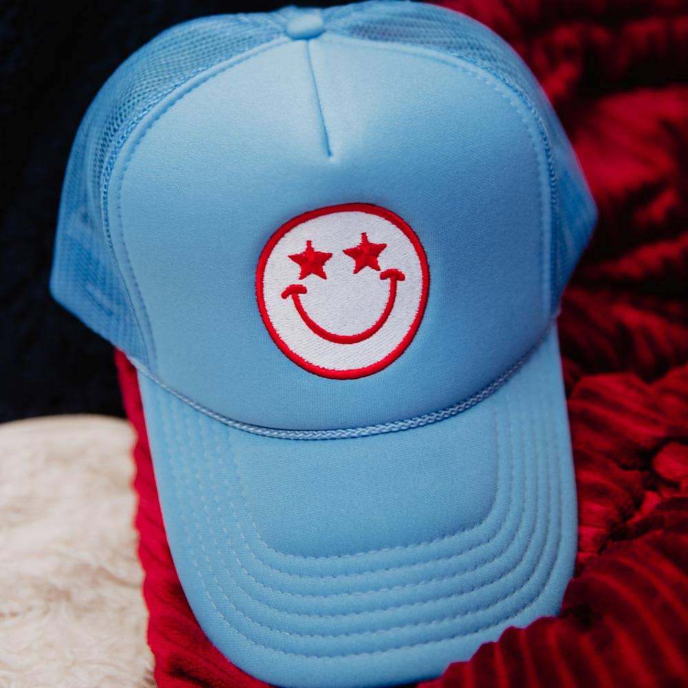 Star Eyed Happy Face Foam Trucker Hat: Colbalt Blue - Bria Blair Creative