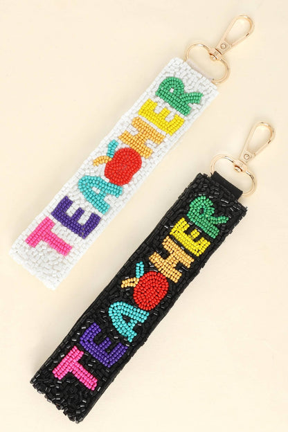 Teacher Long Strip Lettering Beaded Keychain: Pink - Bria Blair Creative