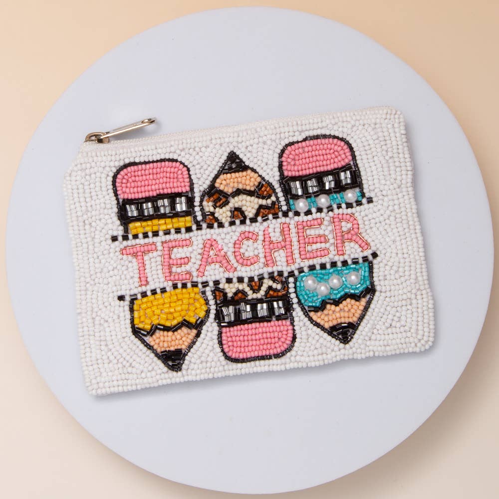 Teacher Pencil Seed Beaded Coin Bag with Pearl Accents - Bria Blair Creative