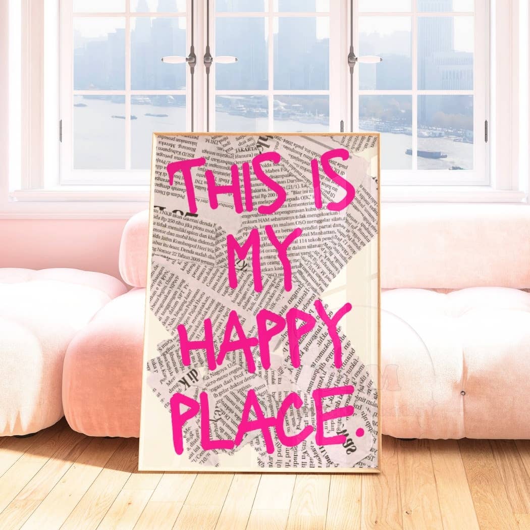 This Is My Happy Place Pink Retro Newspaper Wall Art Prints: 16"x20" - Bria Blair Creative