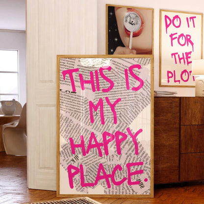 This Is My Happy Place Pink Retro Newspaper Wall Art Prints: 16"x20" - Bria Blair Creative