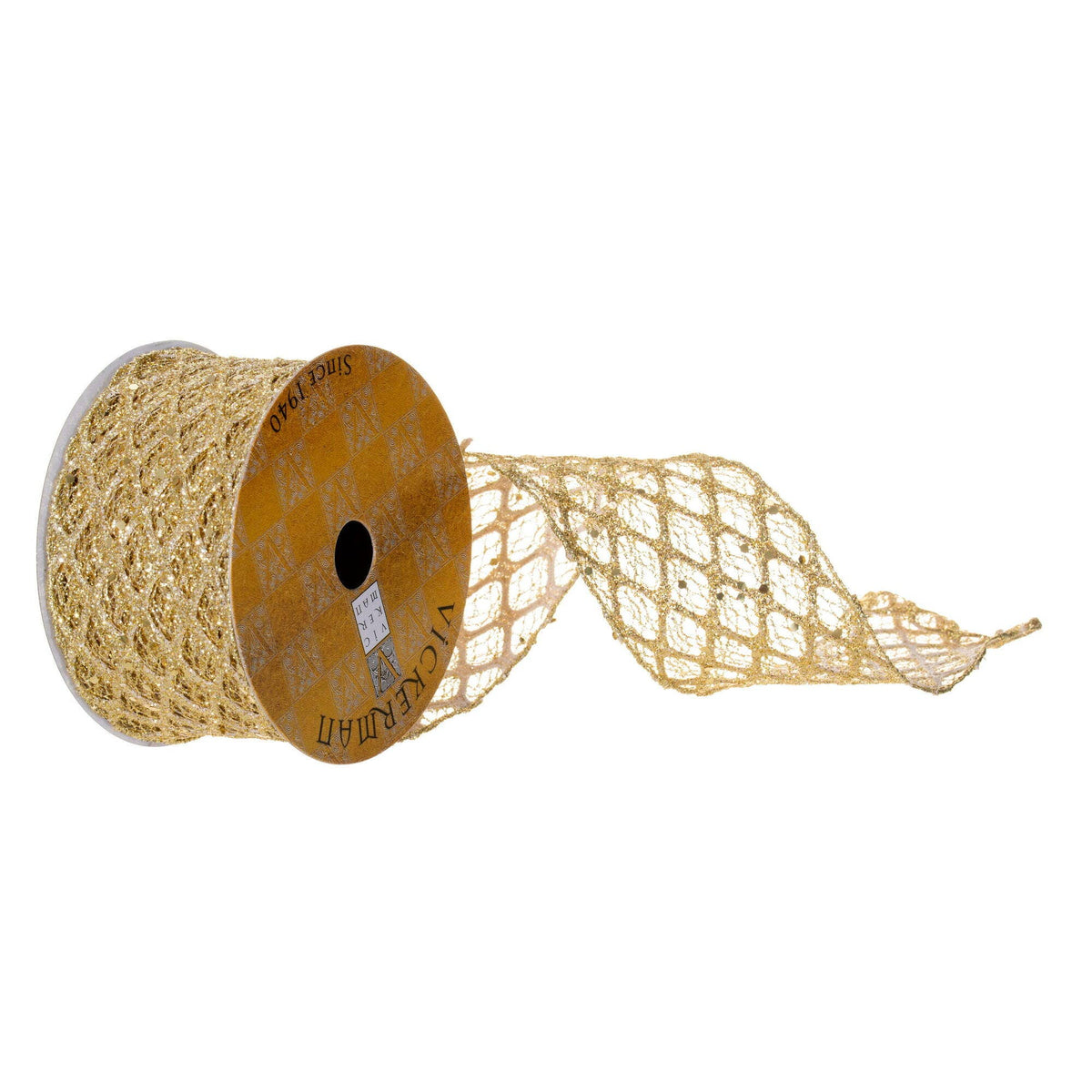 Vickerman 2.5"X10Y Gold Glitter Sequin Net Ribbon: Gold / Poly, Wire / 2.5" - Bria Blair Creative