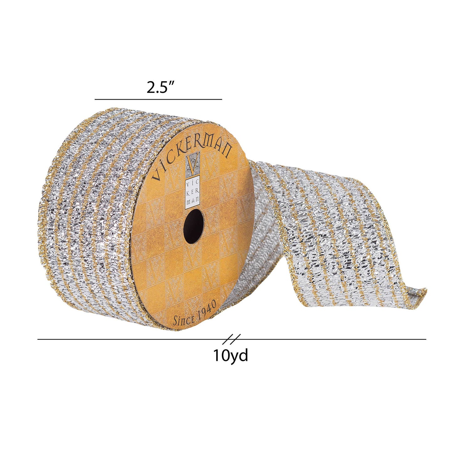 Vickerman 2.5"x10yd Silver/Gold Tinsel Ribbon: Silver / Polyester / 2.5" - Bria Blair Creative