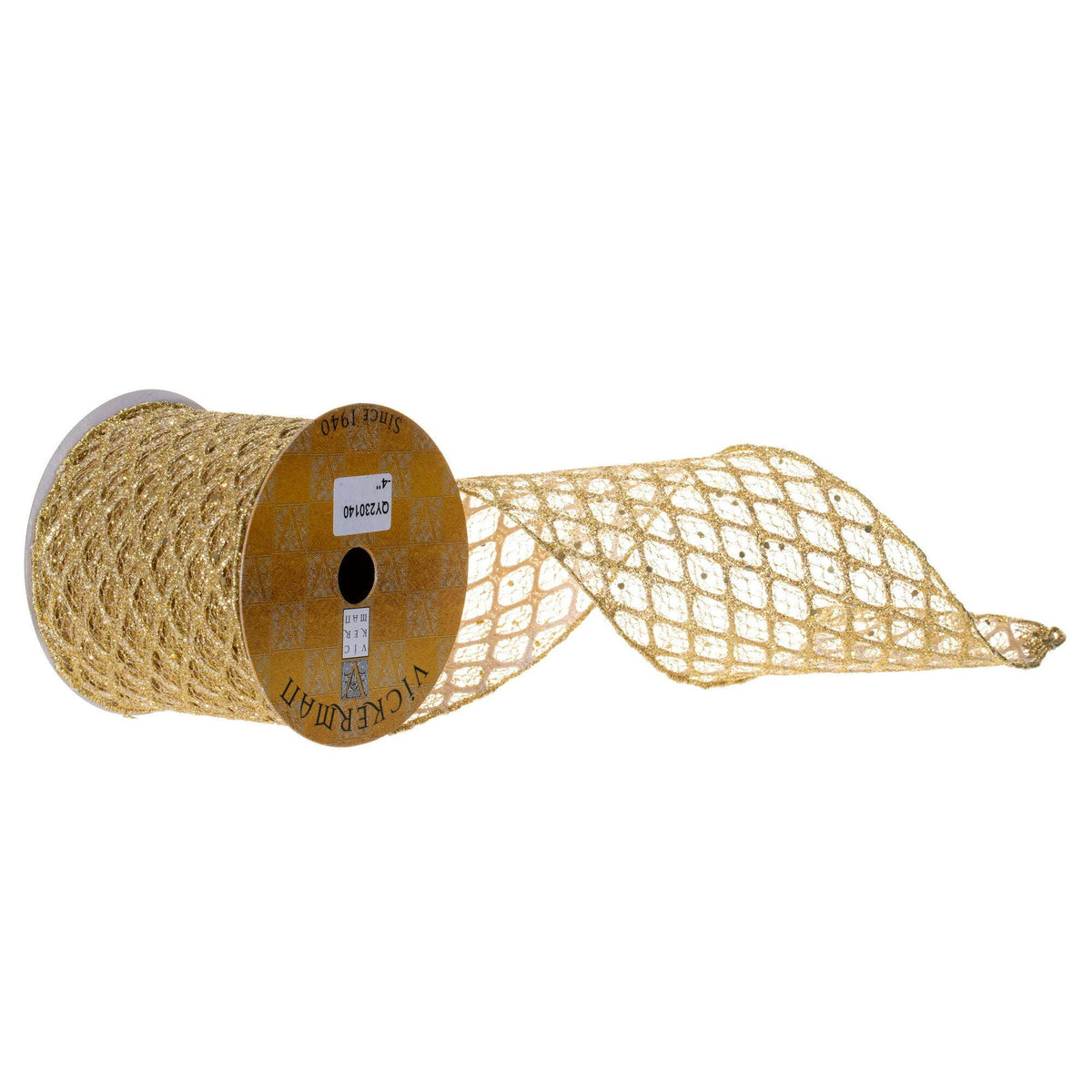 Vickerman 4" x 10 Yard Gold Glitter Sequin Net Wired Ribbon: Gold / Poly, Wire / 4" - Bria Blair Creative
