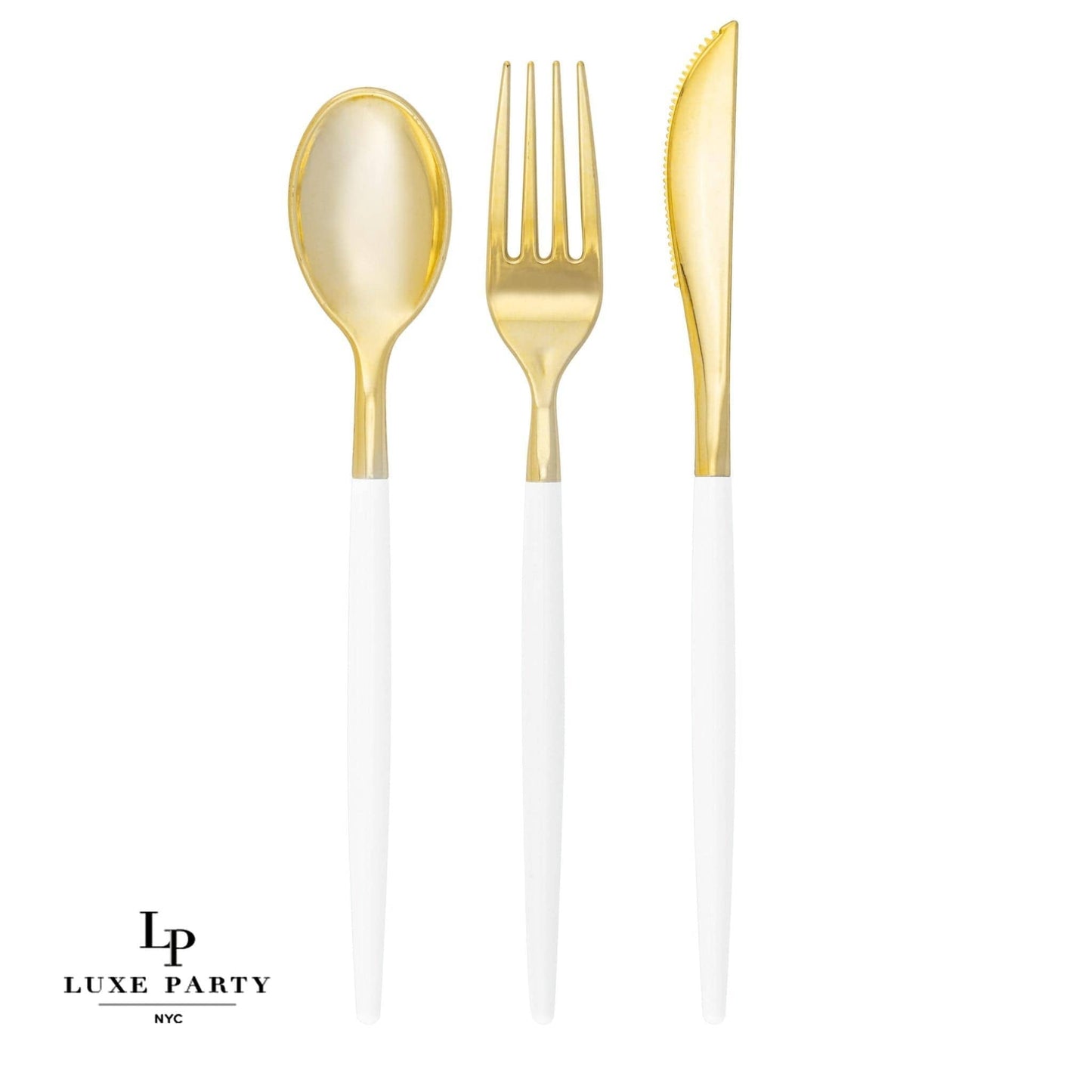 White • Gold Plastic Cutlery Set | 32 Pieces - Bria Blair Creative